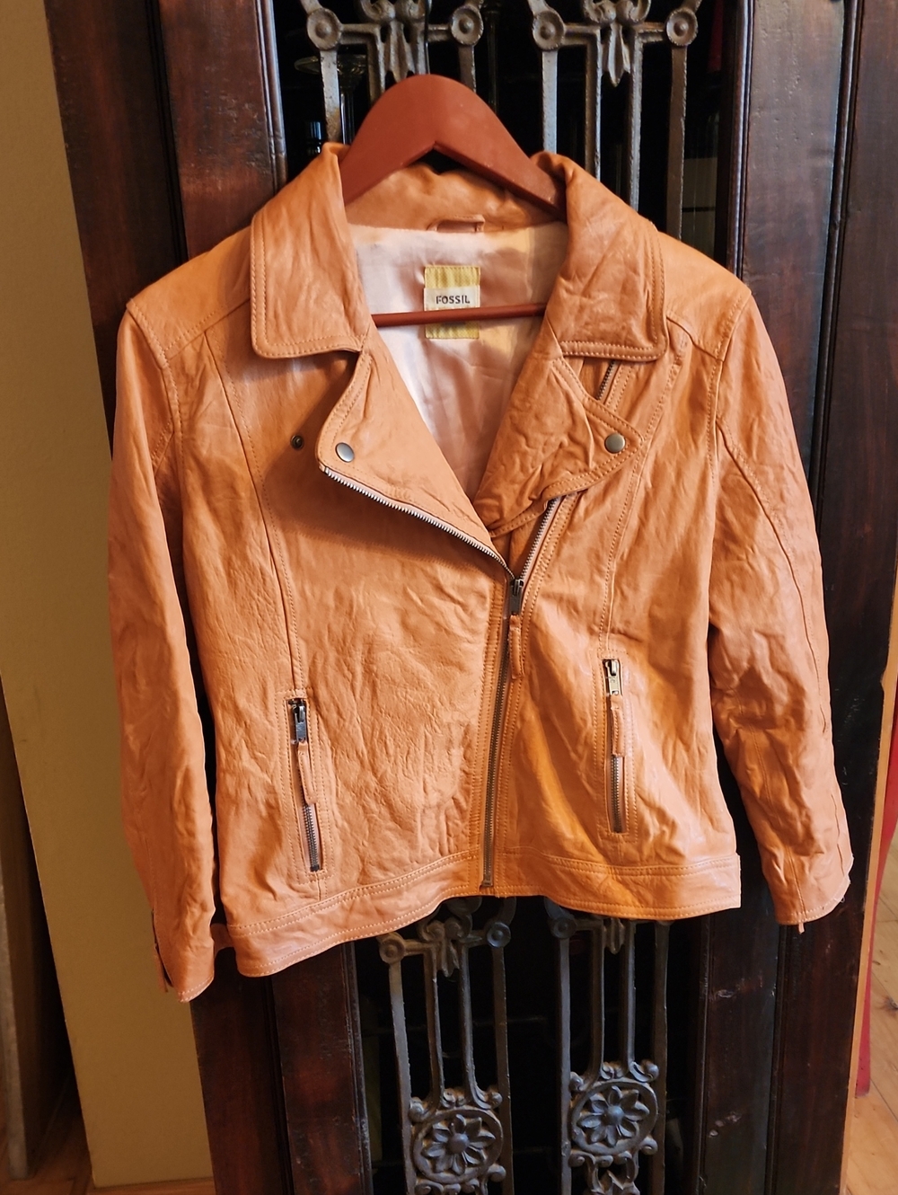 Vintage Fossil Women's Cognac Leather Asymmetrical Zip Moto Jacket